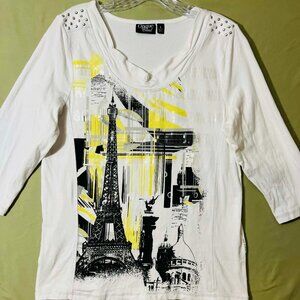 Onque Casual Paris Graphic Top Size L | Eiffel Tower | Studded Shoulders